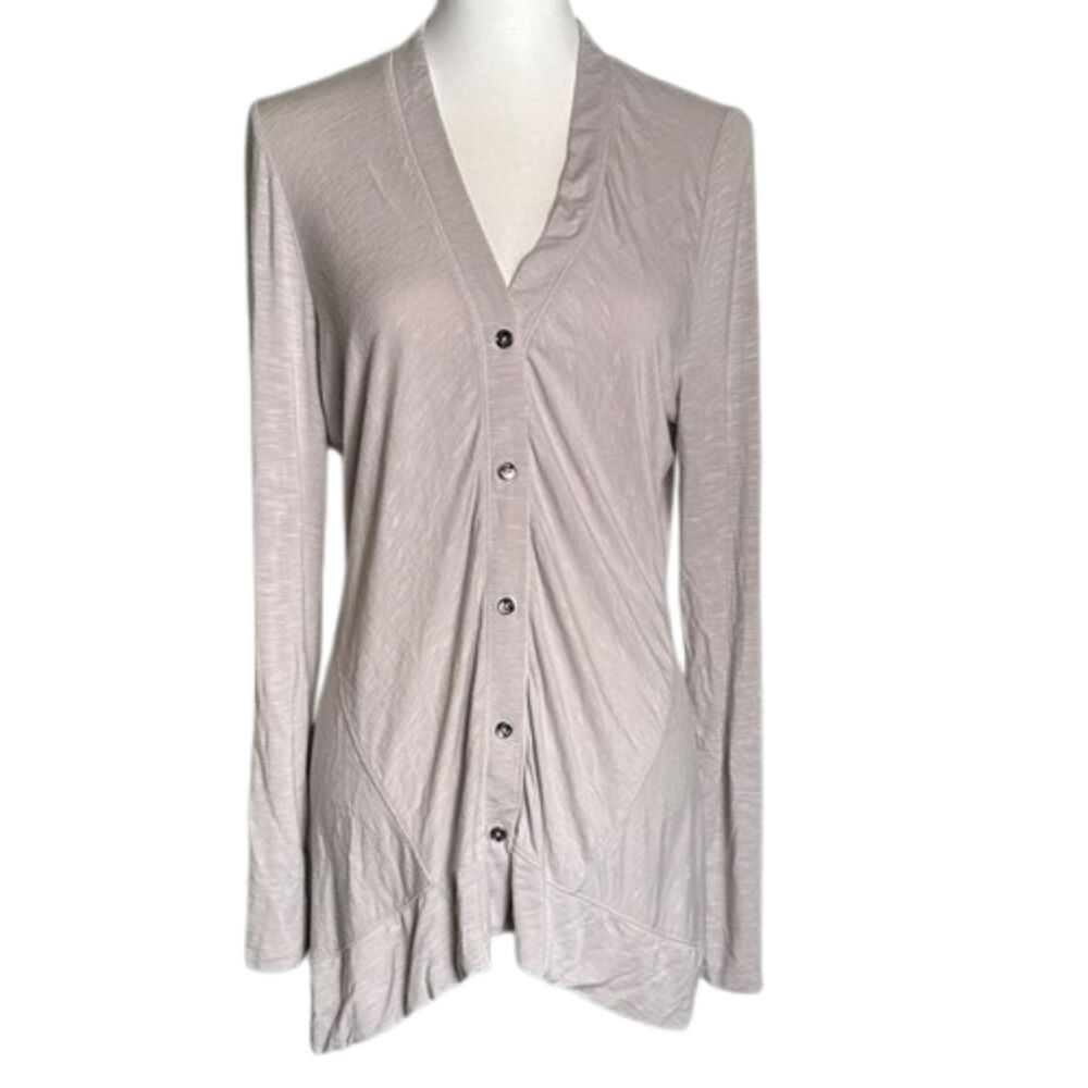 LOGO by Lori Goldstein Knit Cardigan Womens Small Tunic Longline Roll Tab Cream